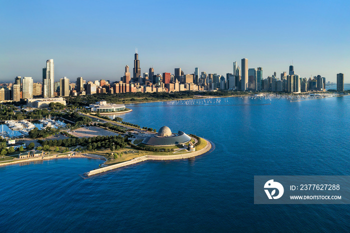 Adler Planetarium with Monroe Harbor and Chicago Skyline