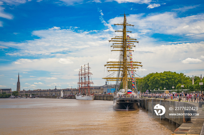 Sedov and Kruzenshtern Russian four-masted barques sail training ships moored to the quays of the Garonne river during the  Bordeaux fete le fleuve  celebration