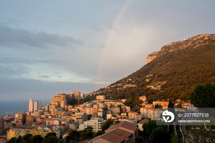 Rainbow over Monaco on sunrise, early summer morning from above Monaco