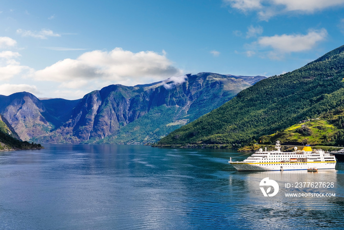 beautiful scenery with a cruise ship in the Norwegian fjords