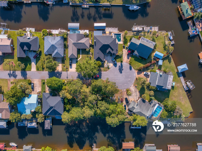 Aerial view of waterfront houses along a bay in Navarre Florida community