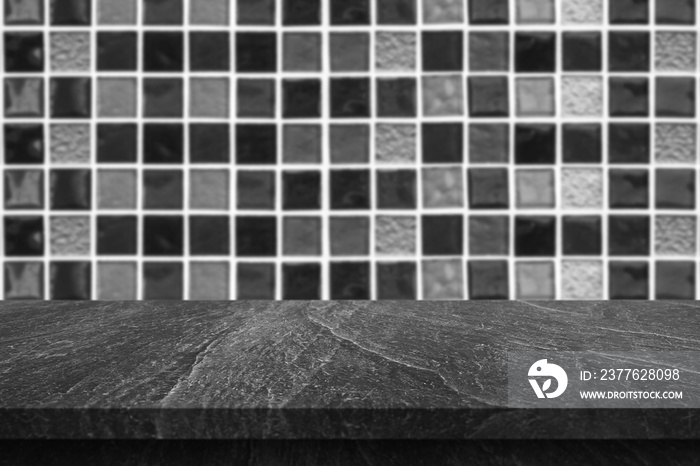 Empty black marble table top with blur tile wall bathroom background