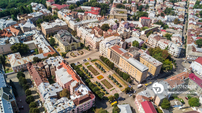 Top view of Chernivtsi city from above Western Ukraine. Theatre and Theatre square of Chernivtsi on sunset view.