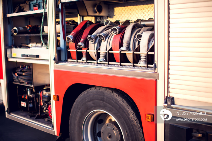 Fire engine with equipment in the fire department and ready for challenge