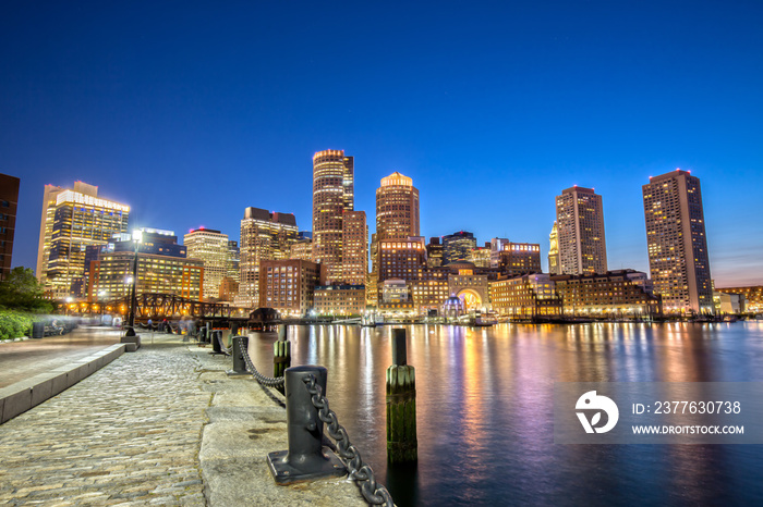 Boston Skyline from Downtown Harborwalk at Night