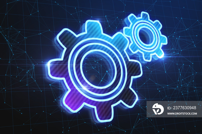 Abstract glowing gears on blue background with connections. Digital engineering and industry concept. 3D Rendering.