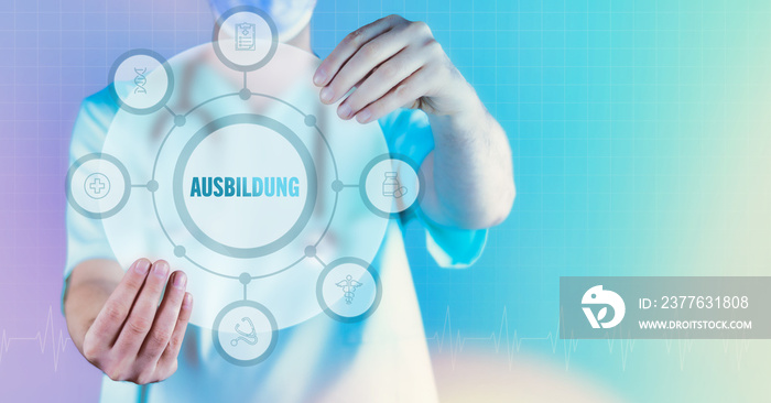 Ausbildung in einer Arztpraxis. Medizin in der Zukunft. Arzt hält virtuelles Interface mit Text und Icons im Kreis.