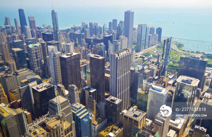 Panoramic view over skyline of downtown Chicago in Illinois from Willis Tower observation deck with modern architecture highrises and skyscrapers