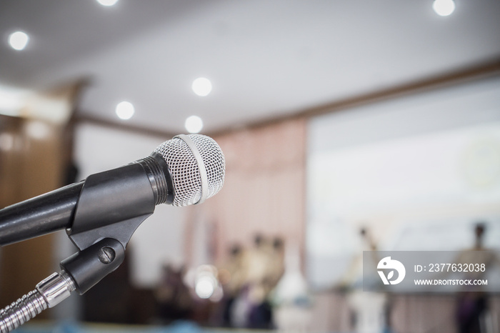 Microphone abstract prepare for speaker speech of conference or seminar hall at exhibition room background. Business Talk Presentation concept