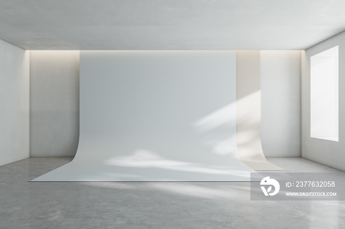 Sunny photo studio light shades interior design and white blank vinyl backdrop. 3D rendering, mockup