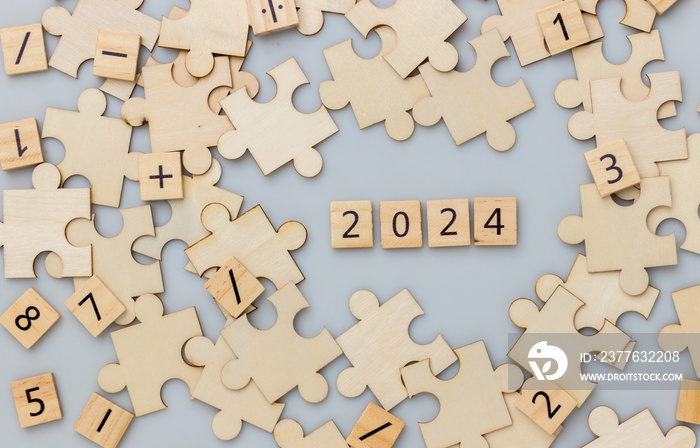 Happy New year 2024  background banner. Two thousand Twenty-Four year numbers on wooden  blocks stack. wood blocks or square with number 2024