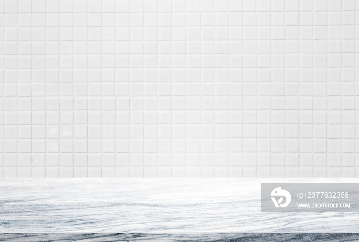 Stone table top and background of white ceramic tile wall - can used for display or montage your products.