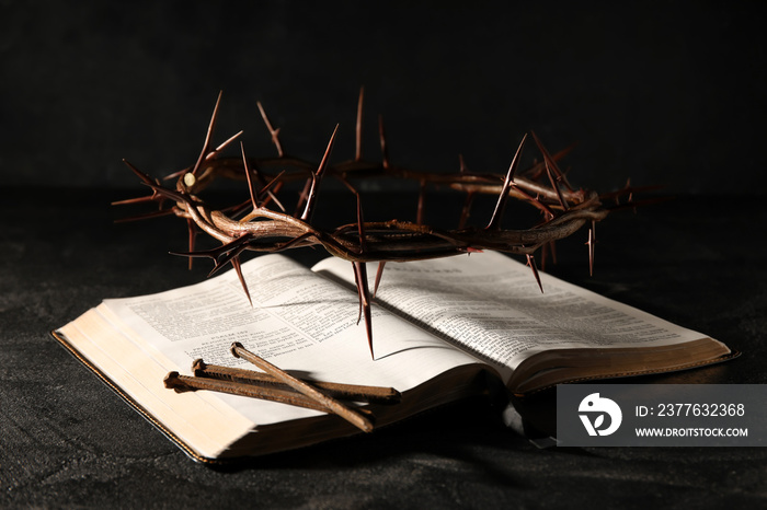 Crown of thorns with Holy Bible and nails on dark background