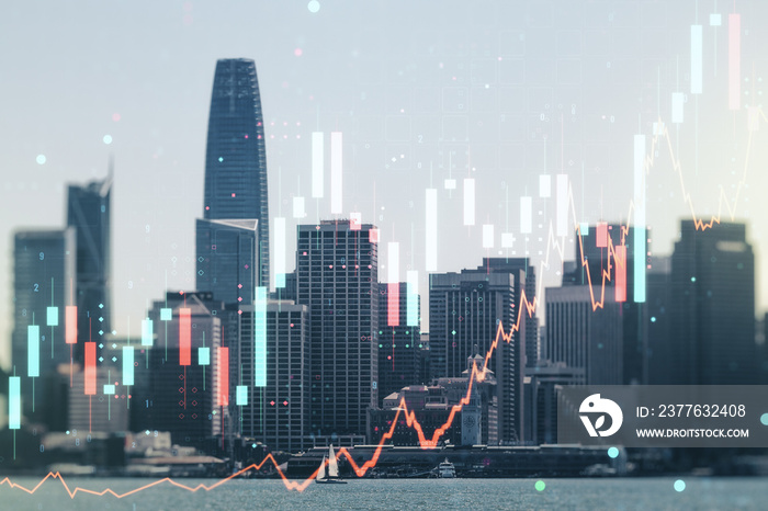 Abstract virtual financial graph hologram on San Francisco cityscape background, financial and trading concept. Multiexposure