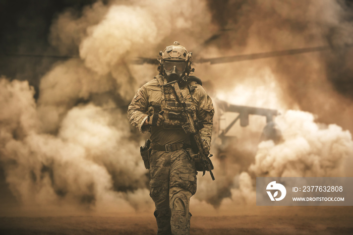 Military forces with gas mask between smoke and dust in battle field