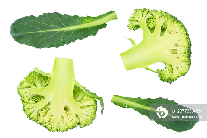 green broccoli with slices and leaves isolated on white background. top view