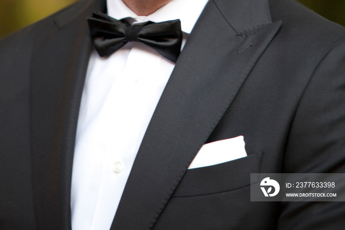 elegant man dressed in tuxedo for fantastic garden wedding in the background predominantly green