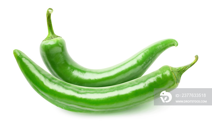 Two hot green peppers isolated on white background