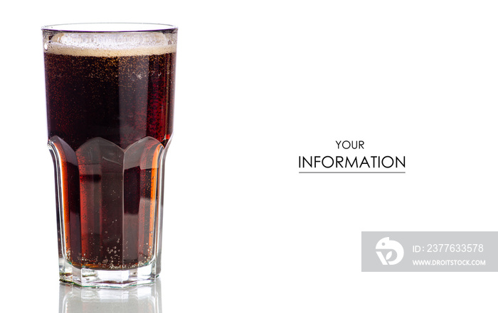 Glass black carbonated water foam kvass dark beer pattern on white background isolation