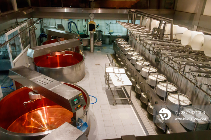 Interior of the cheese dairy factory. Equipment at cheese dairy plant