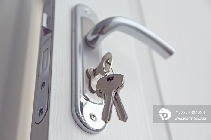 Metal door knob and keys closeup