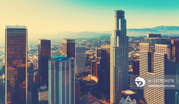 Aerial view of a Downtown LA at sunset