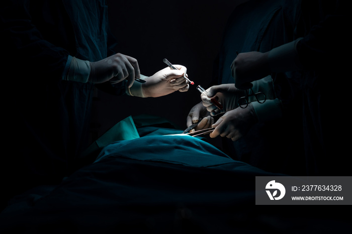 Closeup surgical team performing surgery to patient in sterile operating room. In a surgery room lit by a lamp, a professional and confident surgical team provides medical care to unconscious patient.