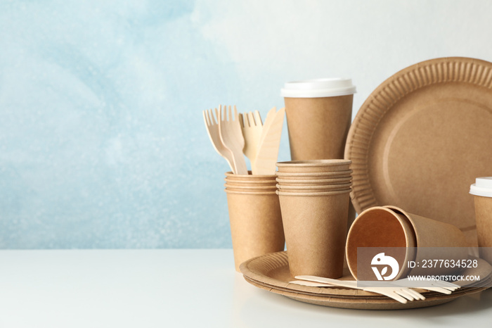 Eco - friendly tableware on white background, space for text