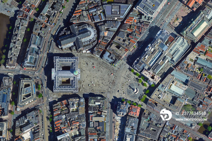 City of Amsterdam bird’s eye view Dam Square, looking down aerial view from above – Amsterdam, Netherlands – Holland