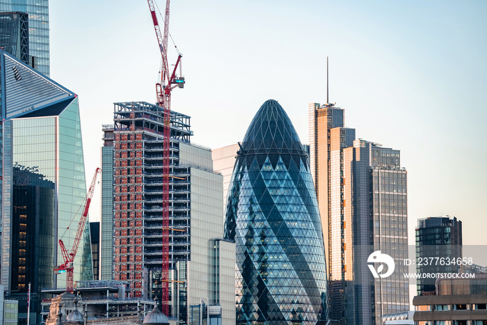 This panoramic view of the City Square Mile financial district of London. Many iconic skyscrapers including the newly completed 22 Bishopsgate tower