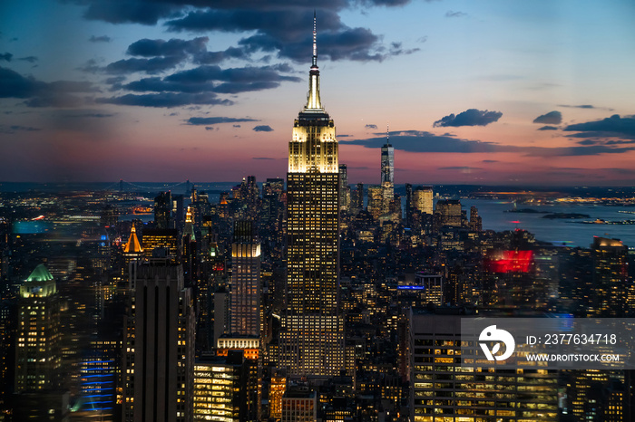 New York city with skyscrapers at sunset