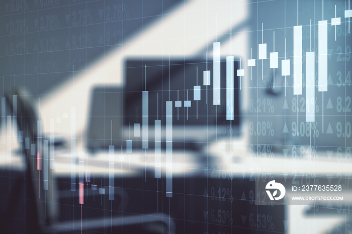 Double exposure of abstract creative financial diagram and modern desk with computer on background, banking and accounting concept