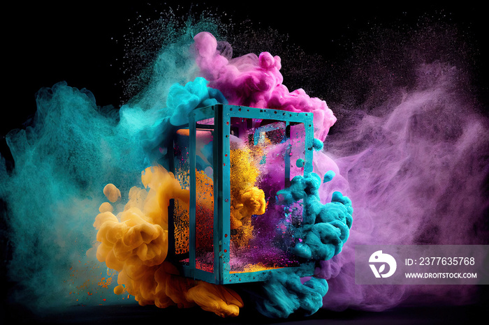 Colourful Holi powder explosions inside of a cage. Concept of idea in a cage