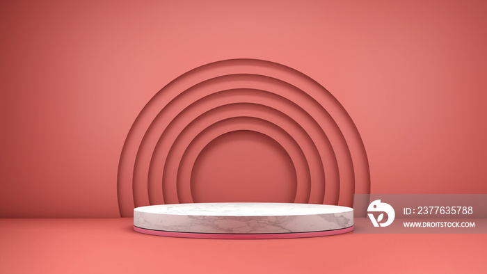 3D rendering of a marble textured podium on a red background for product display