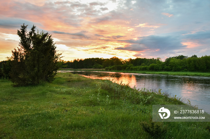 Lower Narew Valley, sunset on the Narew River, Łomża, Poland