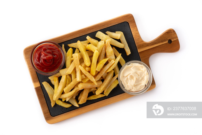 Fried potatoes with ketchup and Mayonnaise isolated on white background