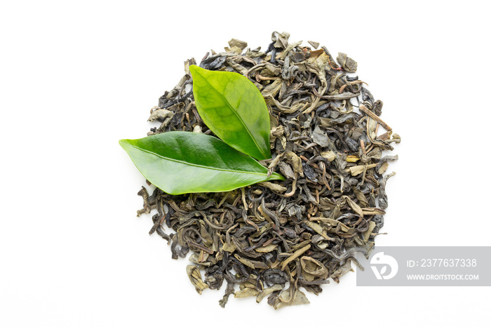 Green tea leaf isolated on white background.