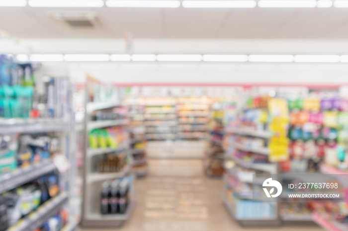 Supermarket aisle interior shelves blur background