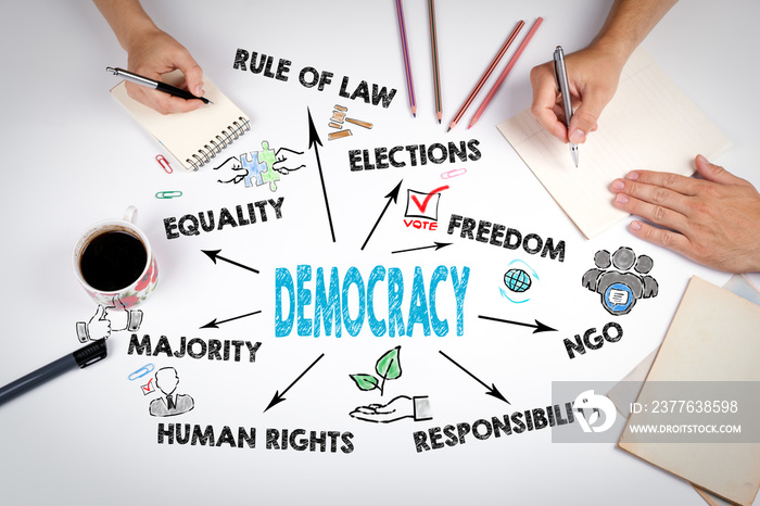 Democracy Concept. Chart with keywords and icons. The meeting at the white office table