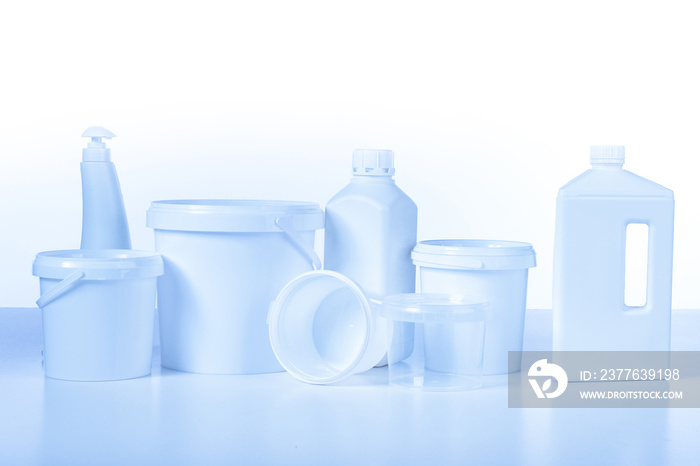 Concept - Production of plastic containers. Plastic packaging from household chemicals. Packaging from home chemicals. Means for cleaning the house. Sale of containers made of plastic.