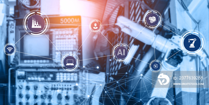 Industry 4.0 technology concept - Smart factory for fourth industrial revolution with icon graphic showing automation system by using robots and automated machinery controlled via internet network .