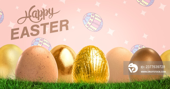 Happy Easter text with Easter eggs in front of pattern