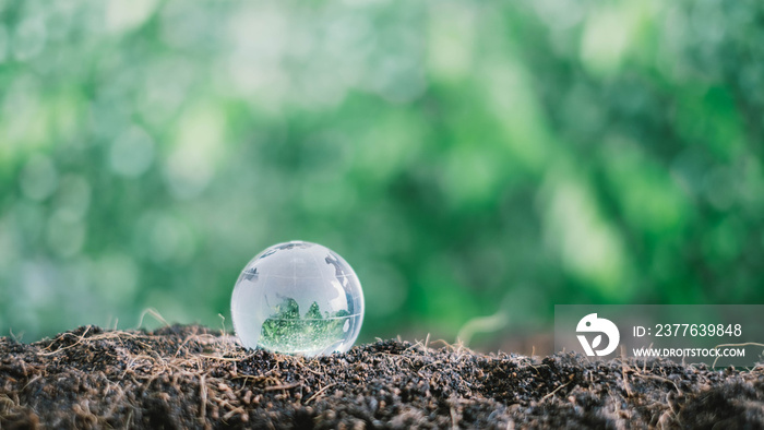 Crystal globe on  ground over blurred green nature background. environment concept.Ecology concept. Elements of this image furnished by NASA.