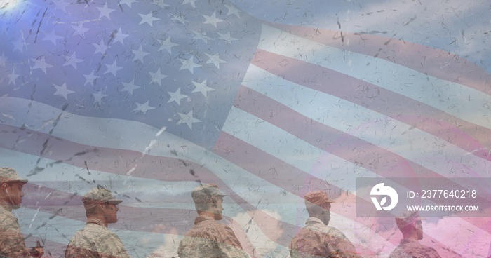 Composition of male soldiers standing at attention over american flag