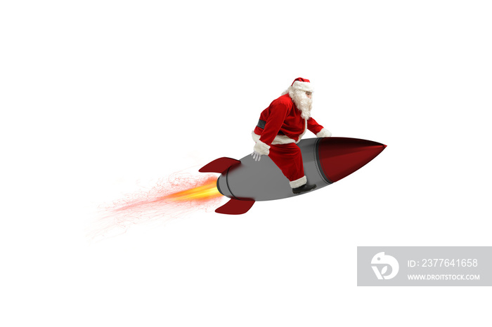 Fast delivery of Christmas gifts. Santa Claus ready to fly with a rocket isolated on white background