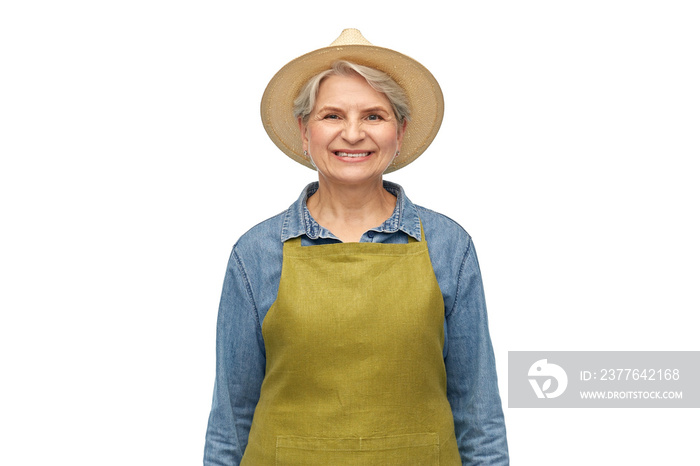 gardening, farming and old people concept - portrait of smiling senior woman in green garden apron and straw hat over white background