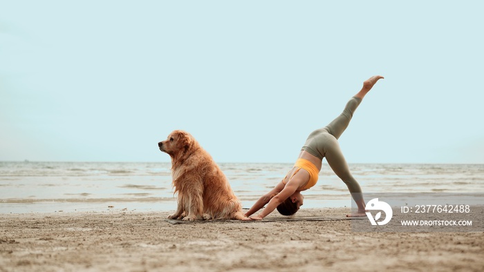 Asian Healthy woman doing yoga exercise with dog pet on the beach, Female relaxation healthy lifestyle on weekend concept, Enjoy life balance and freedom.