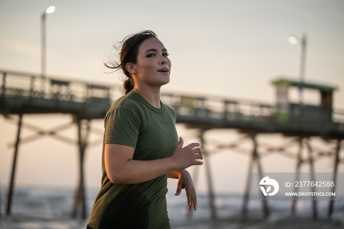 Marine veteran trains every morning on the beach to stay in shape just like when she was on active duty.