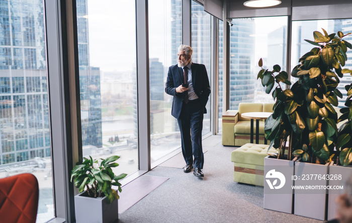 Elegant elderly entrepreneur using smartphone in office