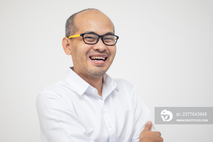 Asian man with glasses on white background